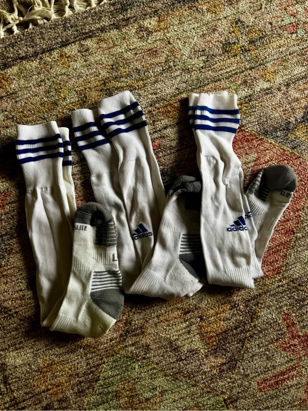 Adidas White Crew Athletic Socks with Blue Stripes- Large 3 Pairs
